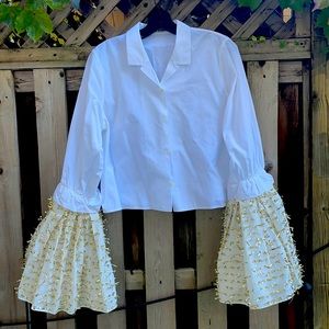 Anaïs Jourden white cotton shirt with metallic gold fil coupé flared cuffs